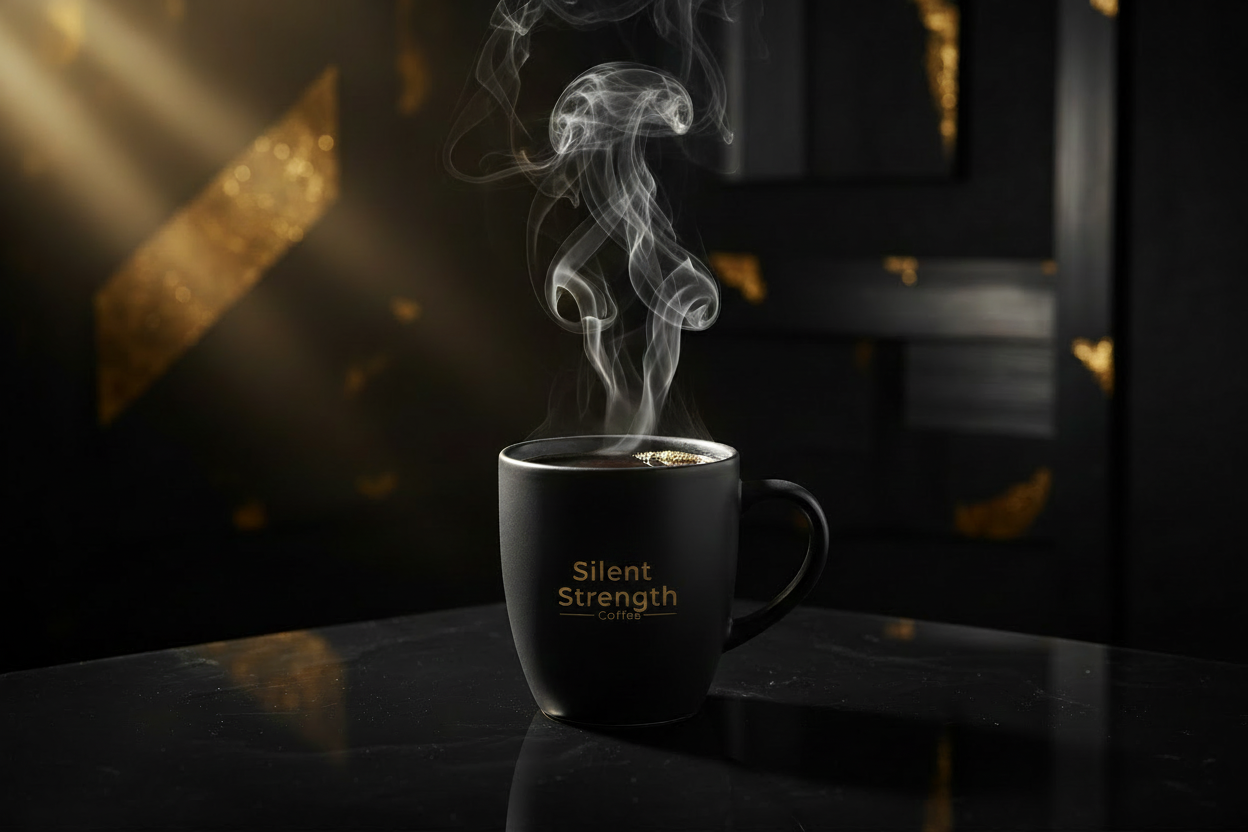 Black mug with " Silent Strength Coffee" branding on a dark background with smoke rising from it.